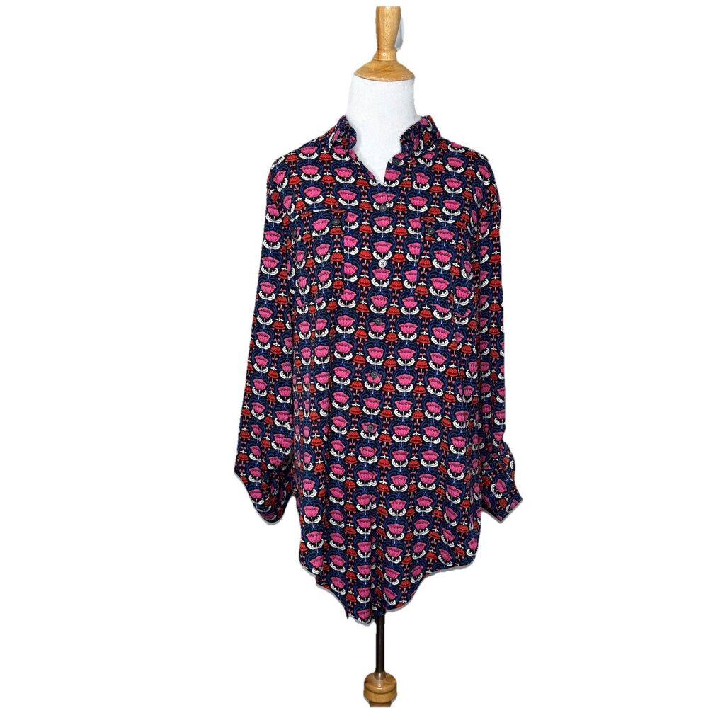 Jones New York Signature Geometric Floral Blue Button Down Shirt Womens Size M